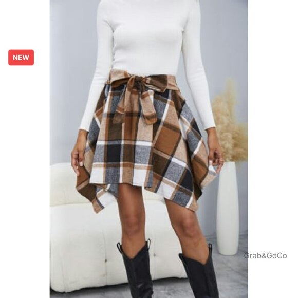 Plaid Flannel Mini Skirt Bow Tie Front Elastic High Waisted Asymmetrical Chic - Picture 4 of 7